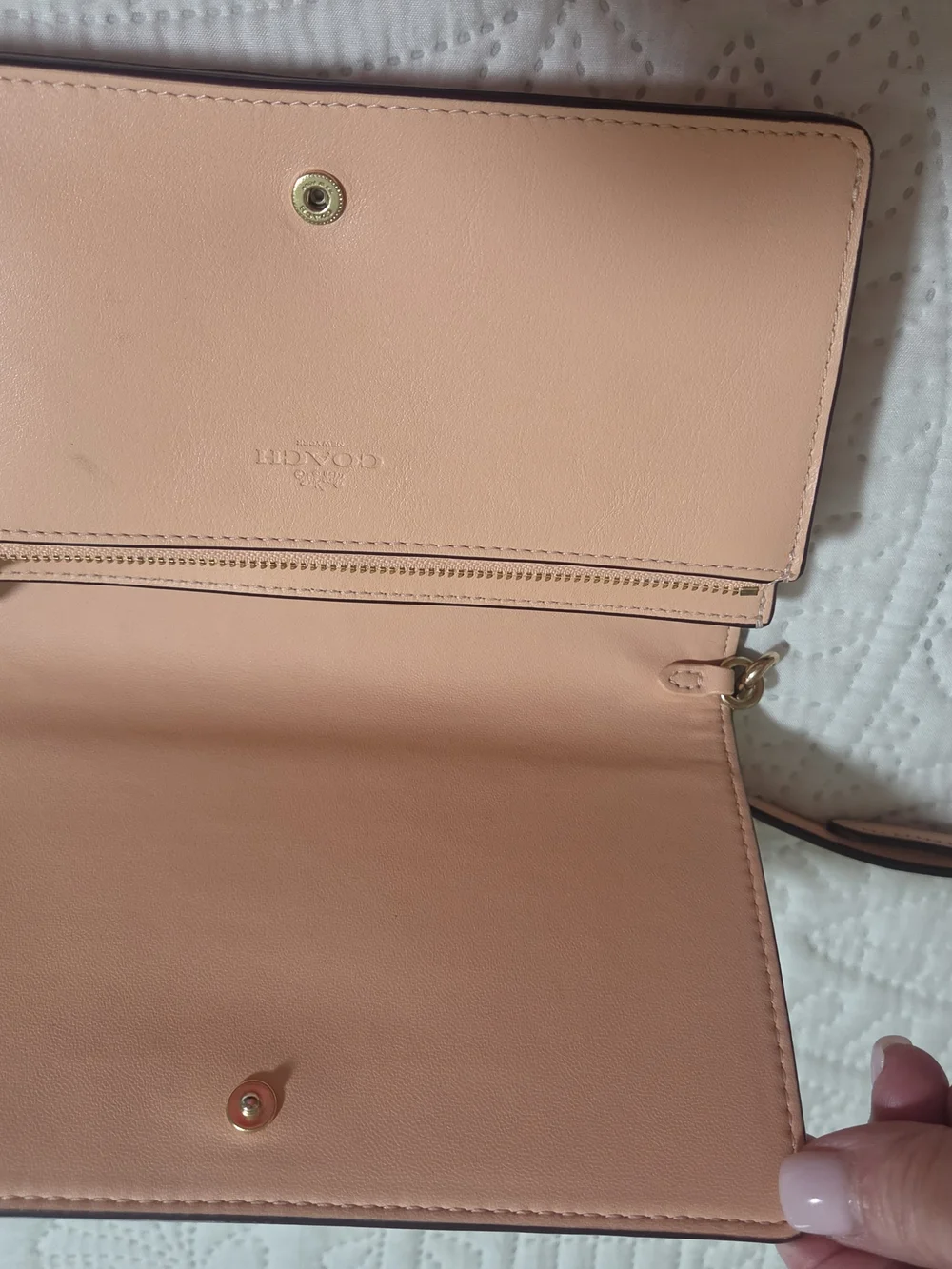 Coach Signature Canvas Crossbody with Tan Logo and Pink Strap